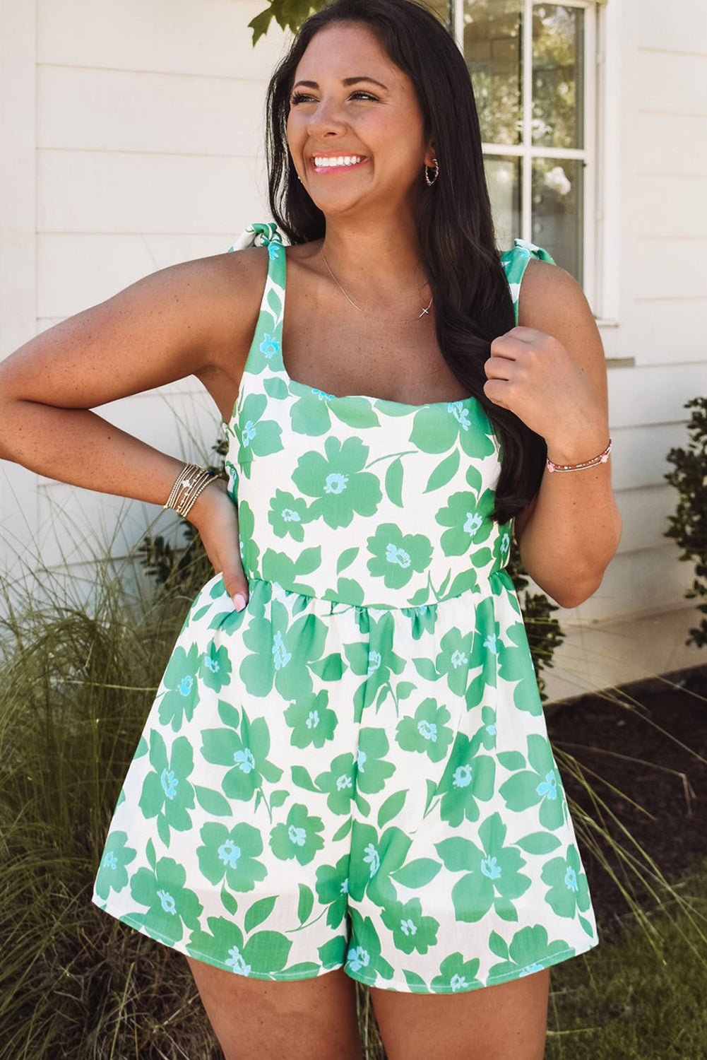 Green Floral Print Knotted Strap Flared Romper