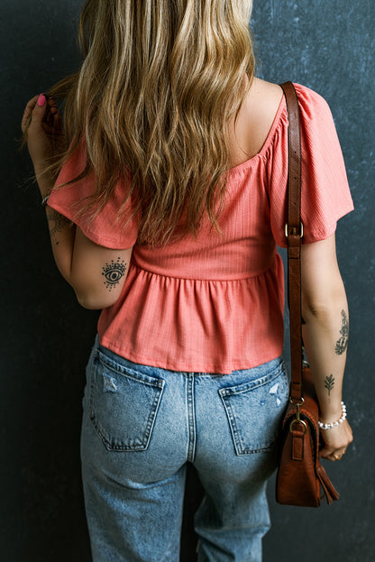 Oatmeal Shirred V Neck Short Flutter Sleeve Textured Blouse