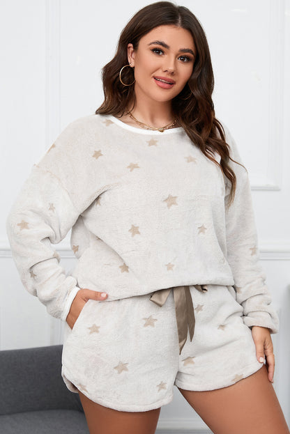 Conjunto de pantalones cortos con cordón y top con estampado de estrellas de talla grande en blanco