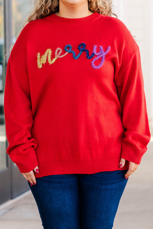 Fiery Red Tinsel merry Pattern Christmas Plus Size Sweater