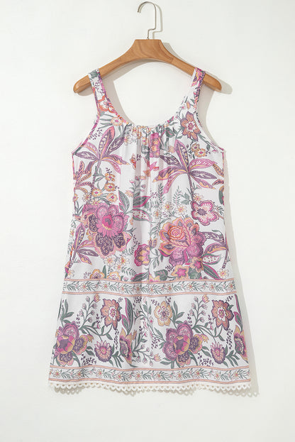 Multicolor Floral Print Fringed Tie U Neck Sleeveless Mini Dress