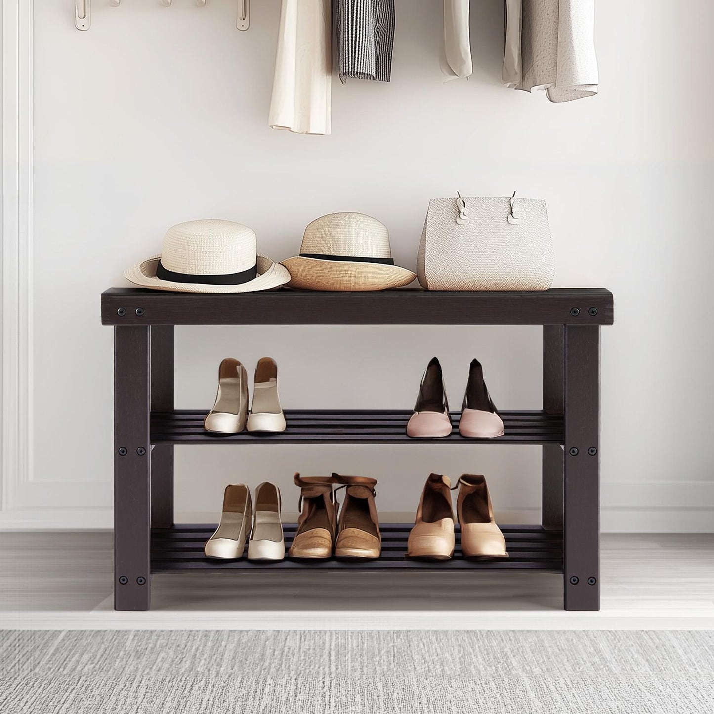 Brown 3-Tier Bamboo Shoe Rack Bench