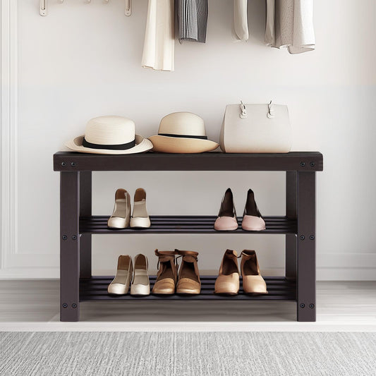 Brown 3-Tier Bamboo Shoe Rack Bench