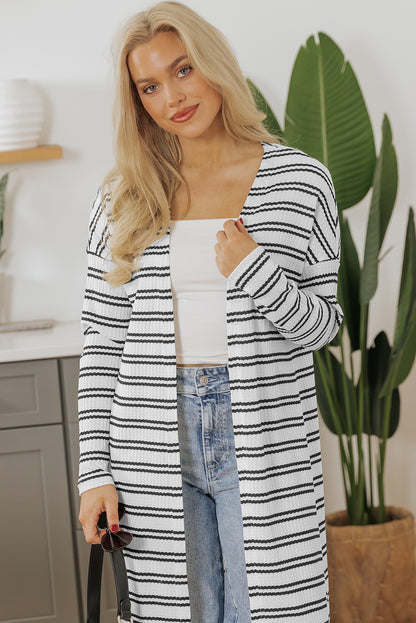 Black Stripe Print Open Front Duster Cardigan