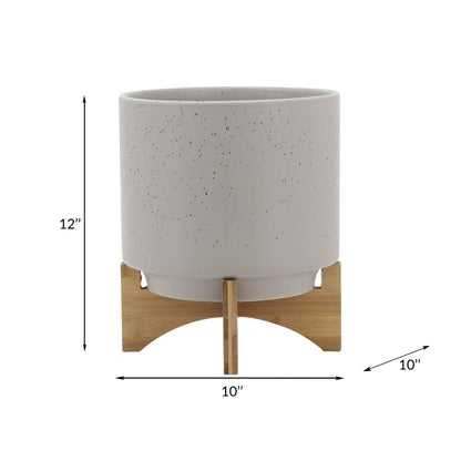 Matte Beige Planter w/ Wood Stand