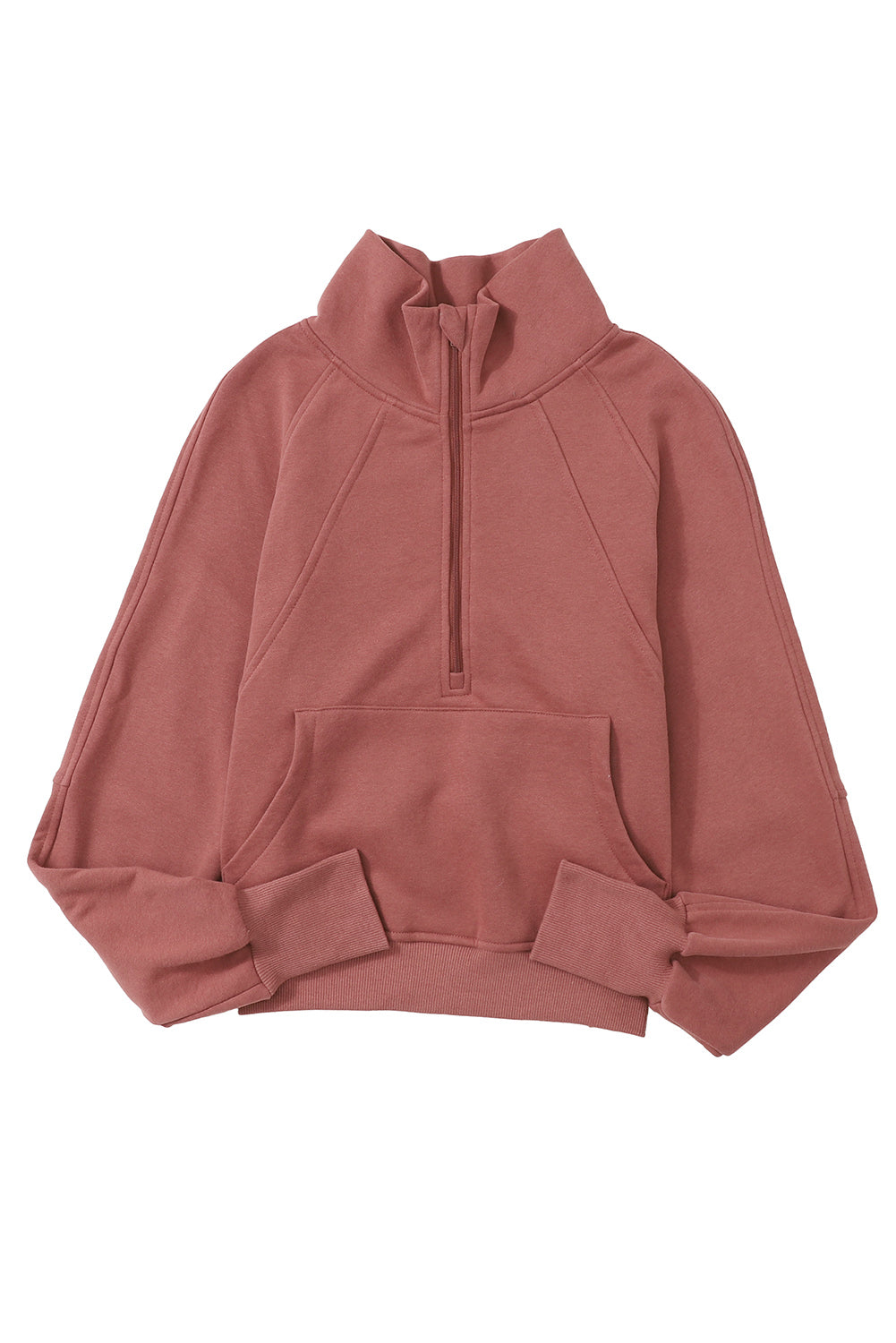 Brown Zip Up Stand Collar Thumbhole Sleeve Sweatshirt