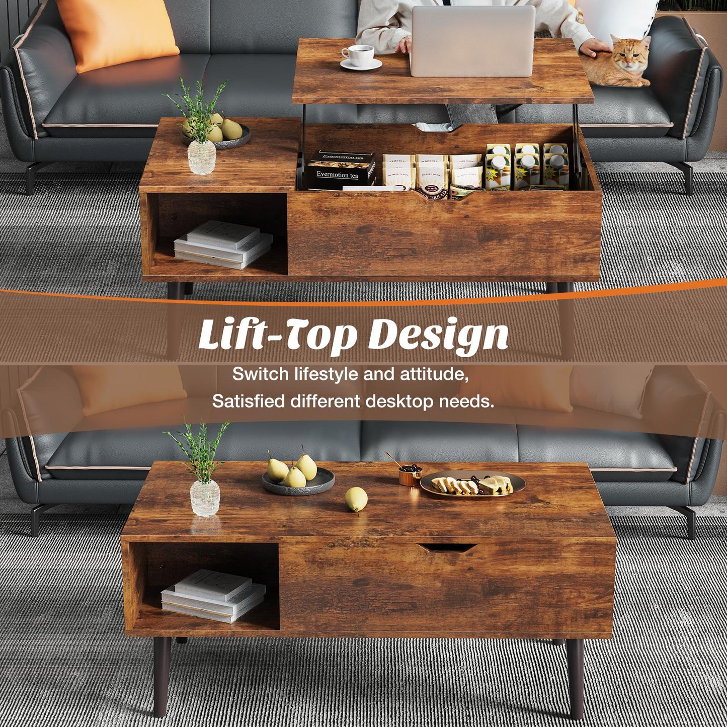 Brown Lift Top Coffee Table w/ Hidden Storage Compartment