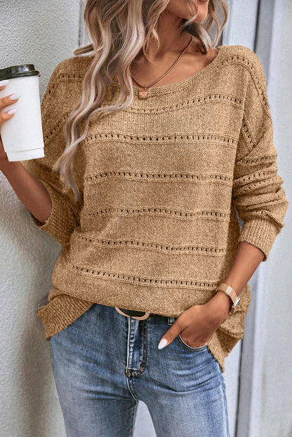 Boat Neck Drop Shoulder Pointelle Knit Sweater