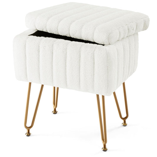 White Faux Fur Vanity Stool Chair w/ Storage