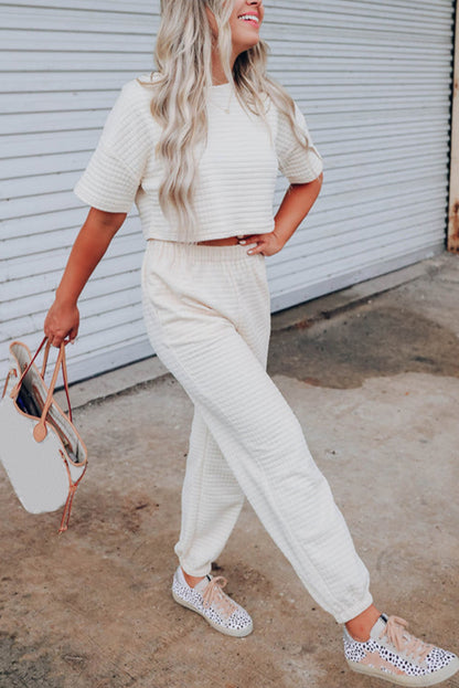 White Lattice Textured Cropped Tee and Jogger Pants Set