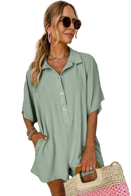 Apricot Plain Half Button Collared Pocket Loose Romper