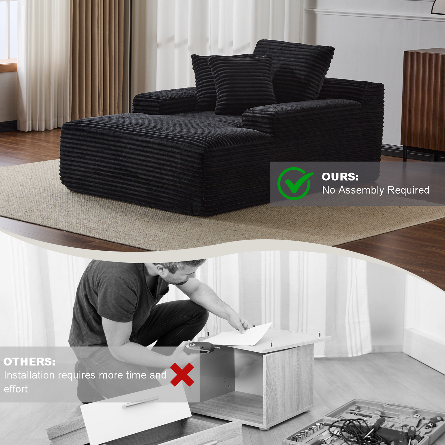 Black Corduroy Plush Oversized Chaise Lounge Chair