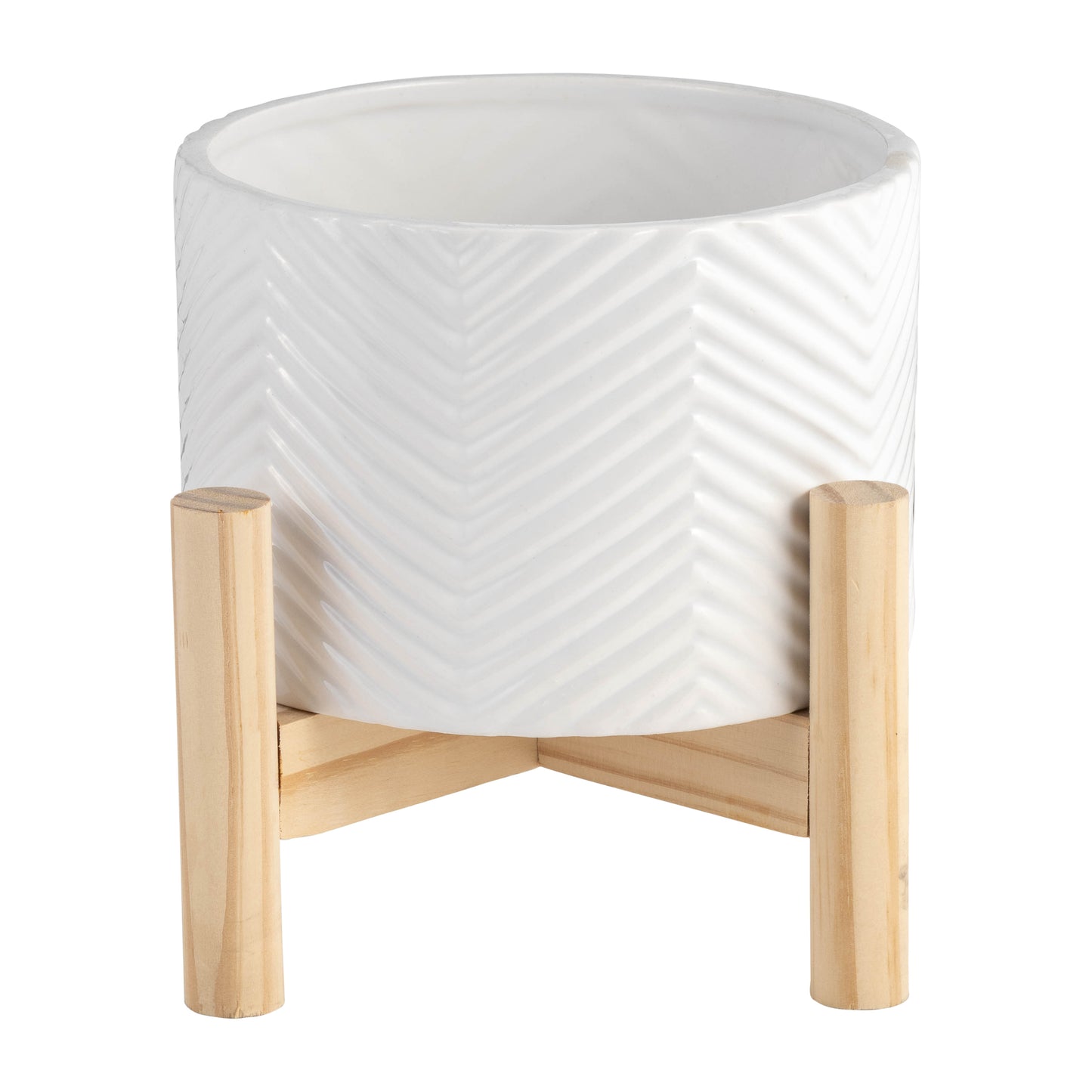 White Ceramic Chevron Planter w/ Wood Stand