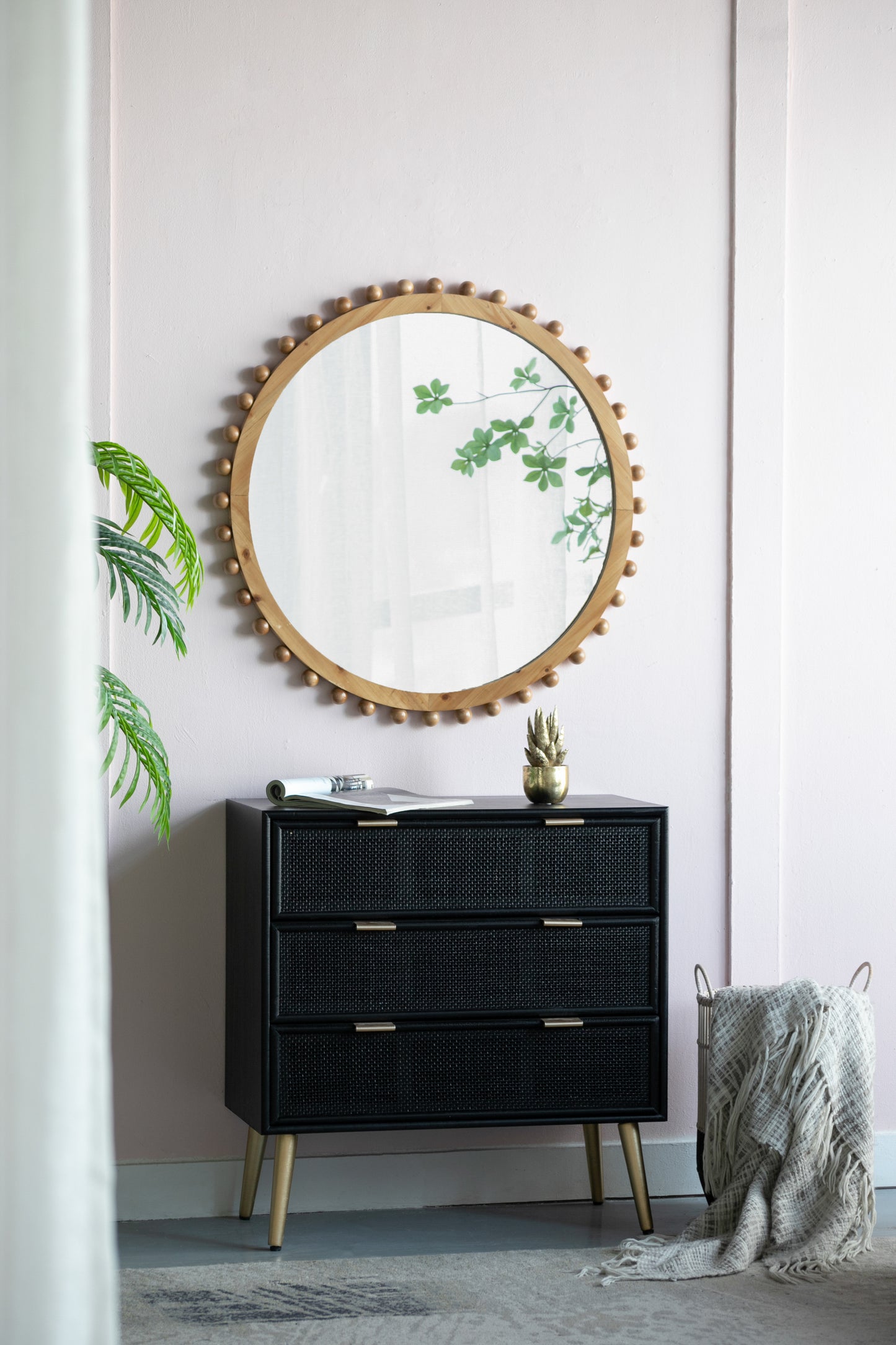 Wood Round Mirror w/ Beaded Frame