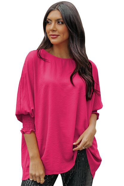 Apricot Solid Casual Smocked Cuffs Batwing Sleeve Blouse