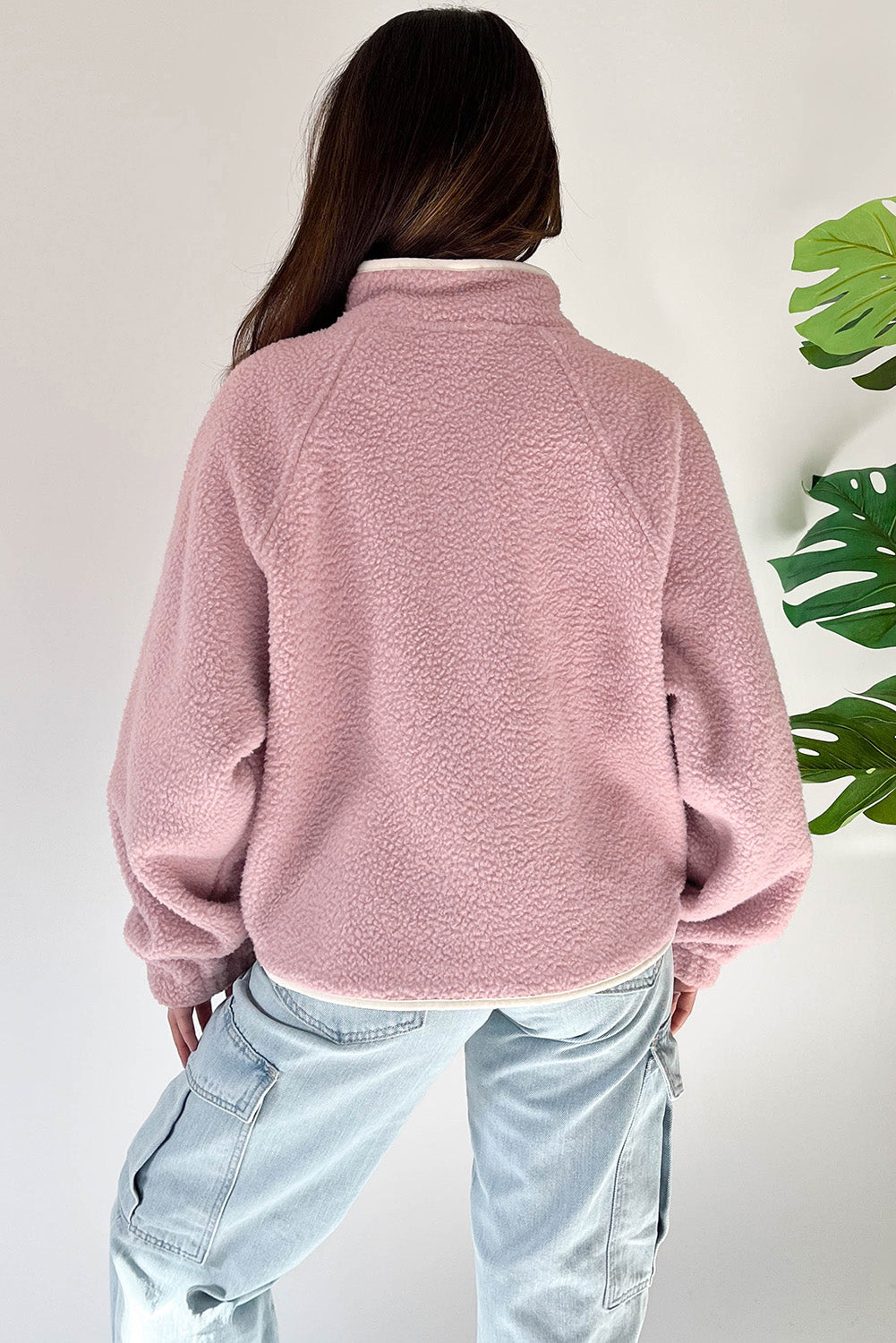 Fushia High Collar Long Sleeve Pullover Sweatshirt