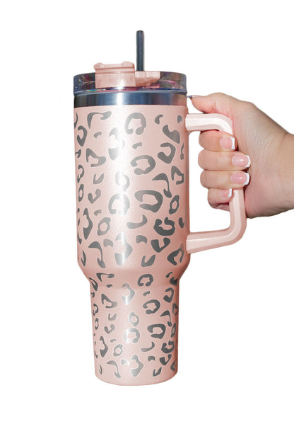 Taza de vaso con aislamiento doble, acero inoxidable, manchado de leopardo, rosa 304, con asa