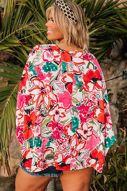 Camisa de manga kimono boho con estampado floral de talla grande rosa