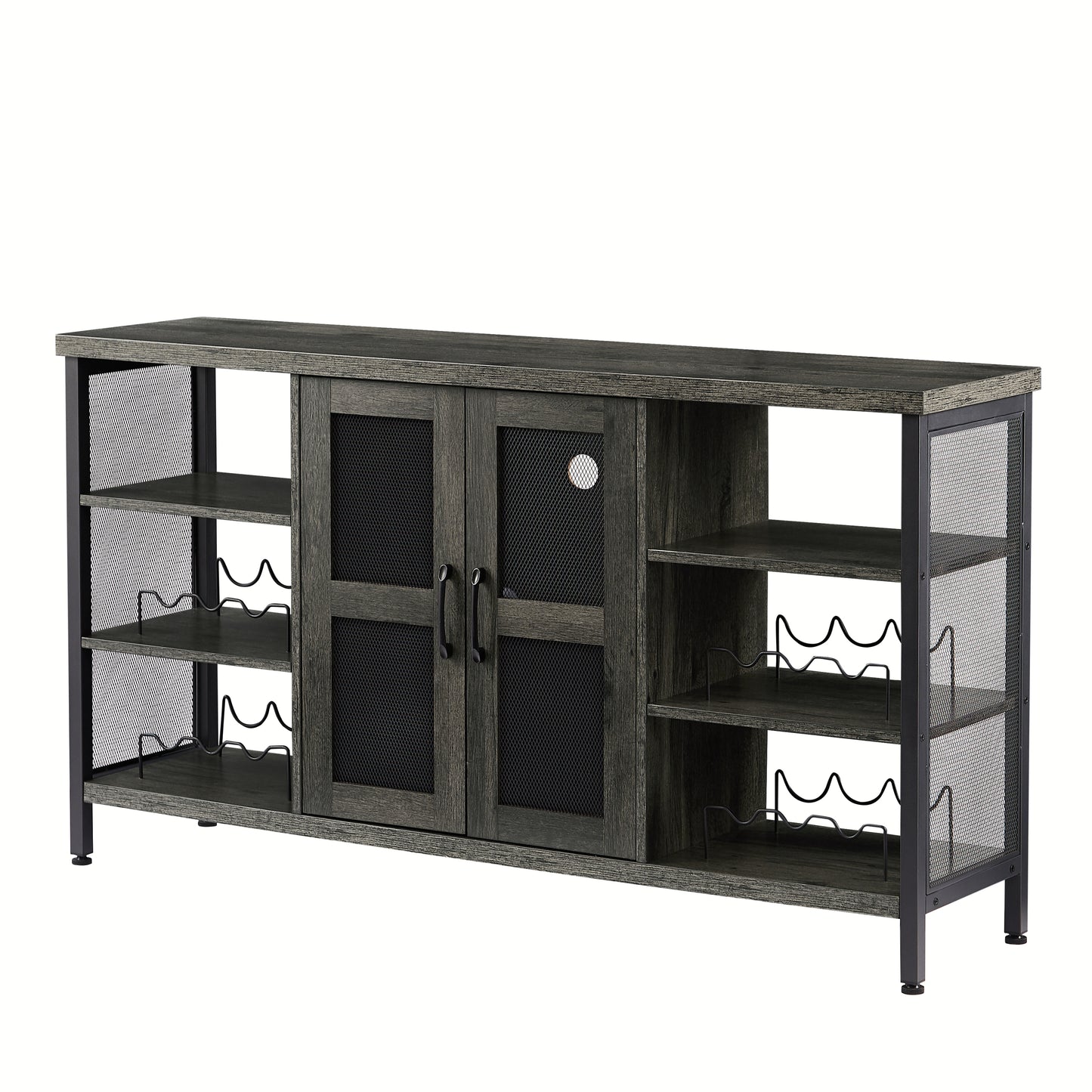 Black Gray Industrial Wine Bar Cabinet w/ Wine Racks & Stemware Holder