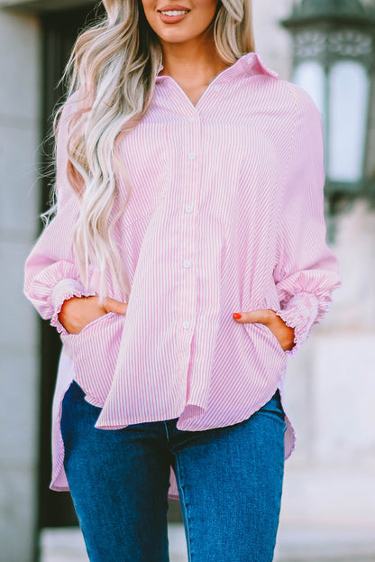 Black Striped Casual Shirred Cuffs Shirt