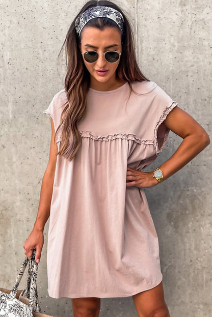 Oatmeal Frilled Trim Crew Neck Loose Fit Mini Dress