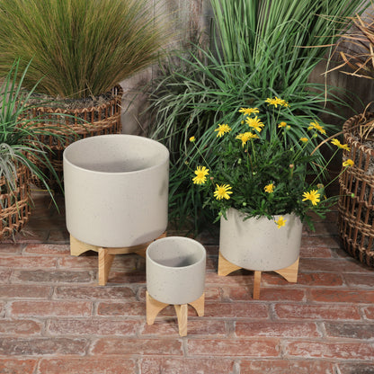 Matte Beige Planter w/ Wood Stand