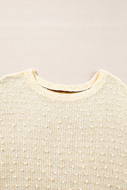 Beige Swiss Dot Drop Shoulder Patchwork Loose Knit Top