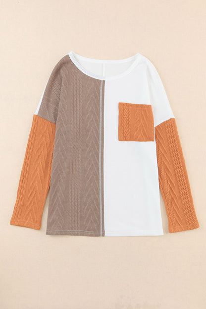 Long Sleeve Colorblock Chest Pocket Textured Knit Top