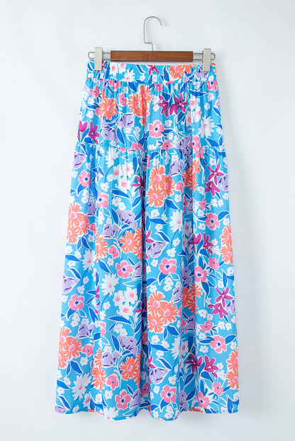 Sky Blue Floral Printed High Waist Split Wrap Long Skirt