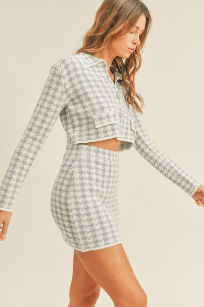 Blue Houndstooth Cropped Knit Cardigan & Mini Skirt Set