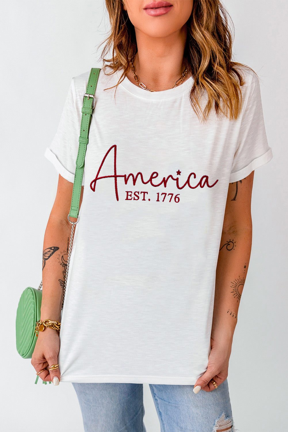 White America Letter Graphic Crew Neck T Shirts