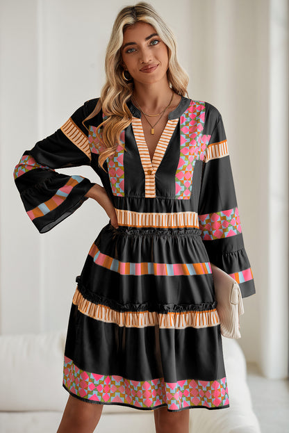 Simply Taupe Ethnic Geometric Print Ruffle Mini Dress