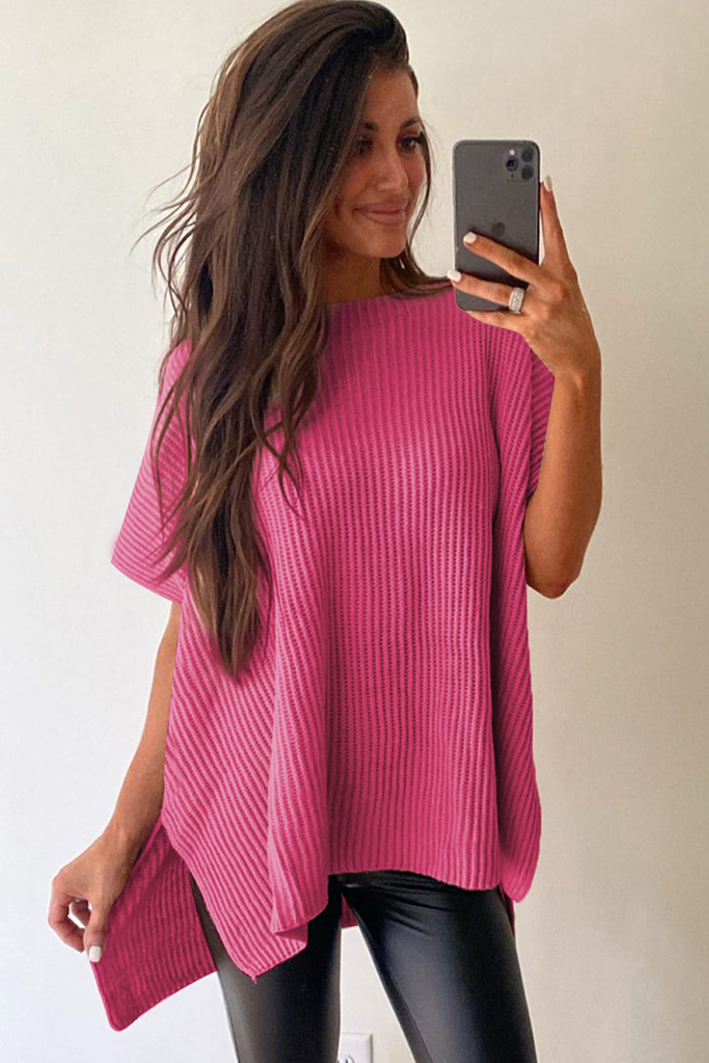 Rose Red Side Slit Short Sleeve Oversized Sweater