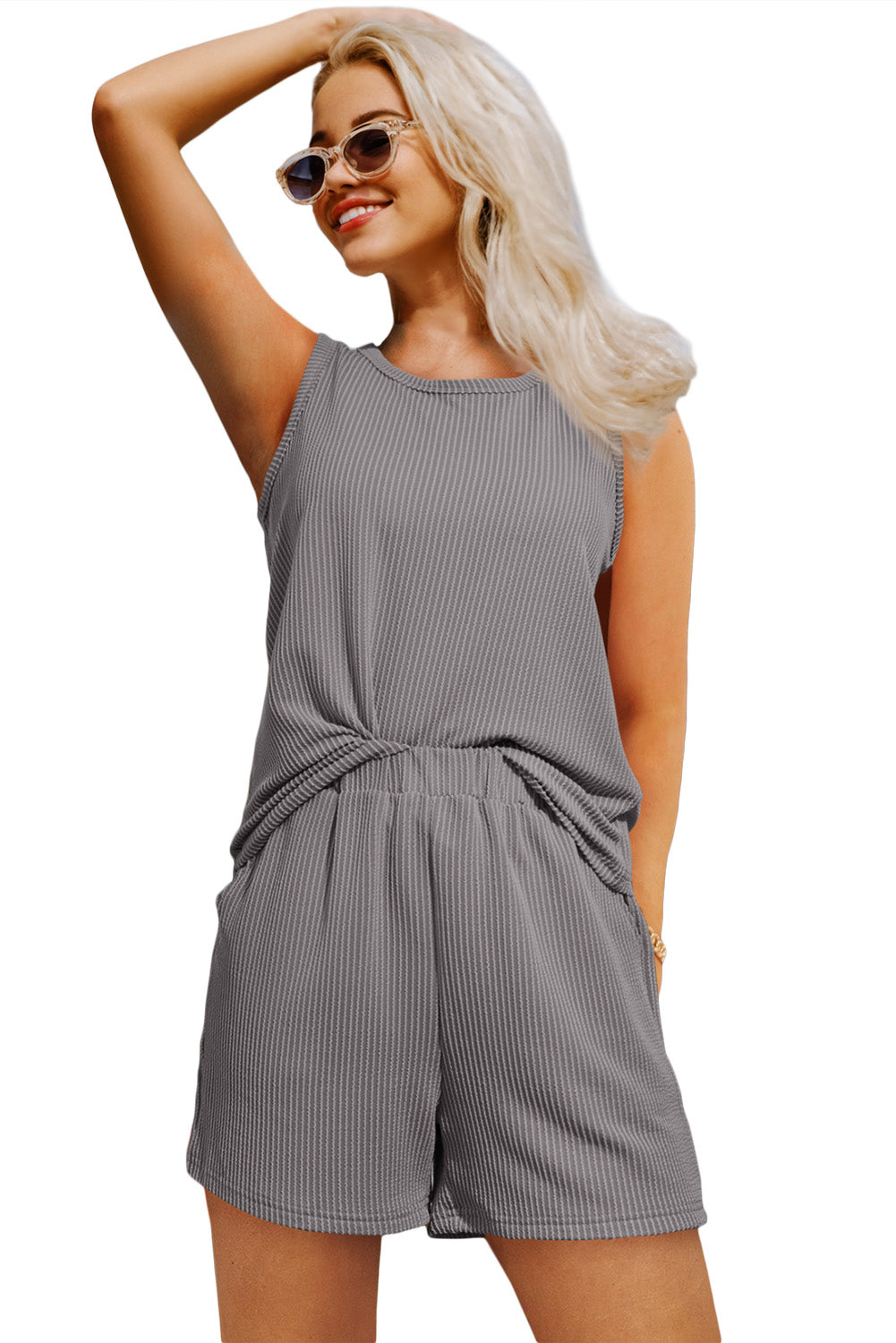 Medium Grey Corded Sleeveless Top and Pocketed Shorts Set