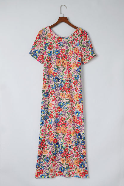 Multicolor Floral Print Ruffle Sleeves Open Back Maxi Dress