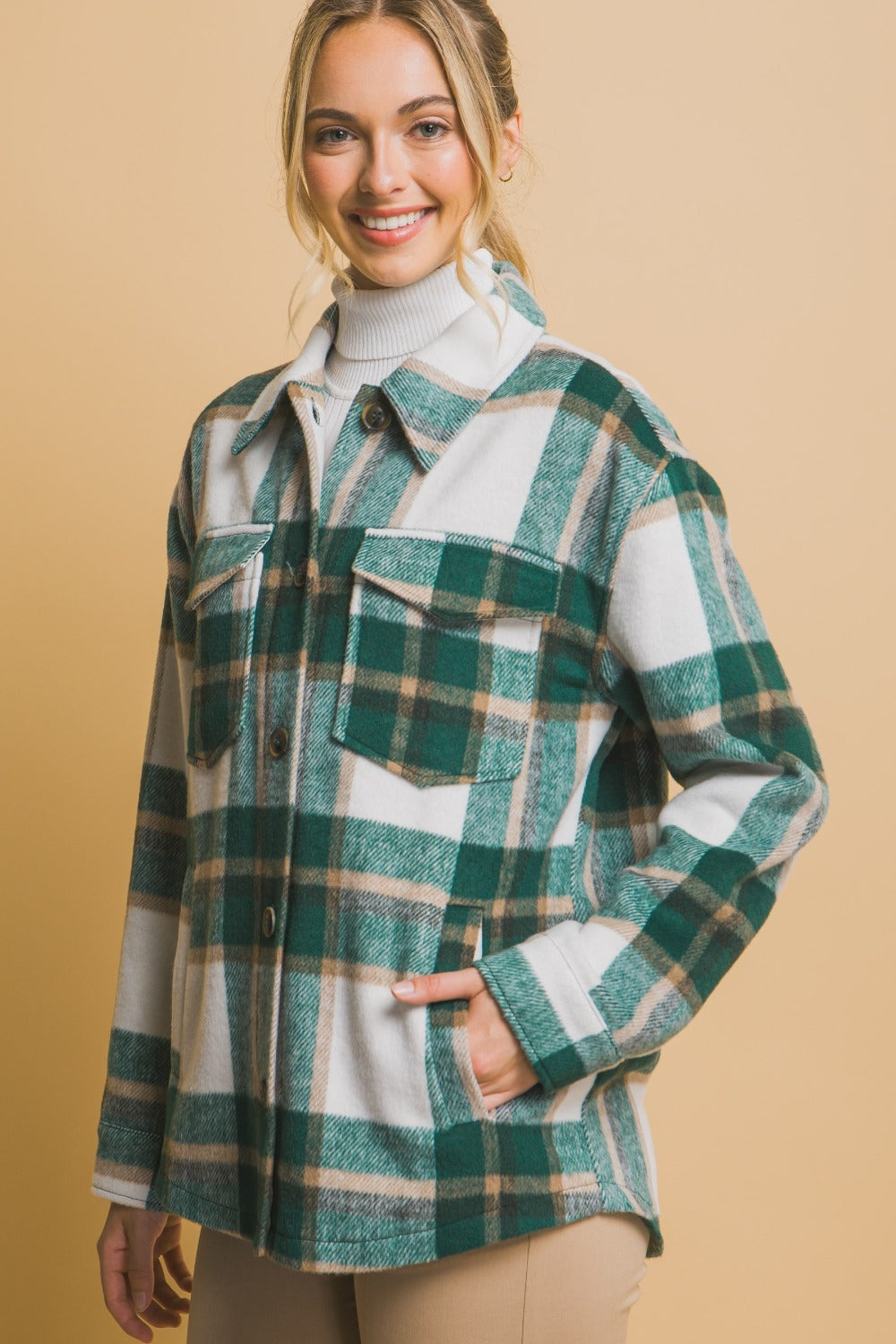 Green Plaid Button Up Shacket