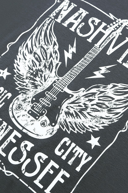 Camiseta con banda extragrande y gráfico con estampado de guitarra gris