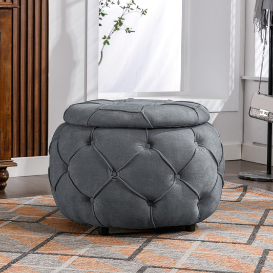 Grey Large Button Tufted Woven Round Storage Footstool