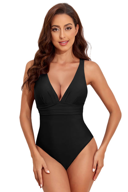 Black Deep V Neck Crossover Backless Ruched High Cut Monokini