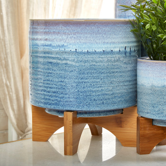 Blue Fade Ceramic Planter w/ Wood Stand