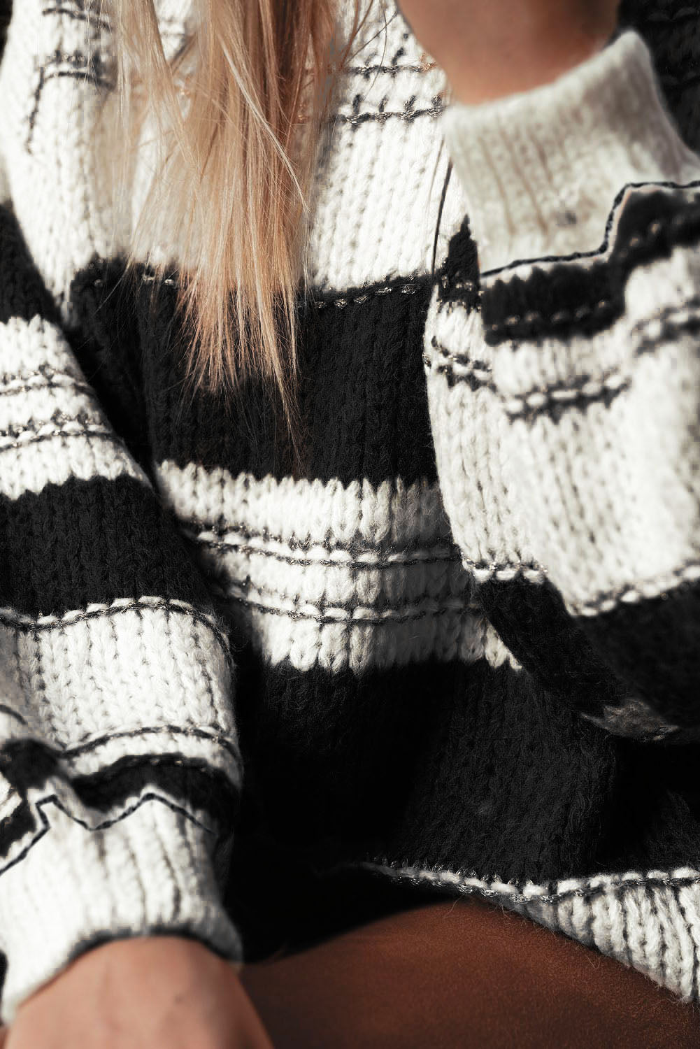 Casual Stripe Knit Puff Sleeve Sweater