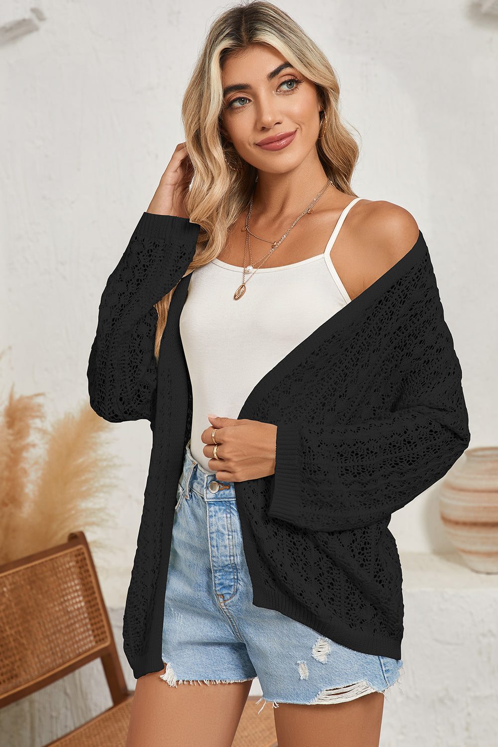 White Hollow Out Crochet Knit Drop Shoulder Open Front Cardigan