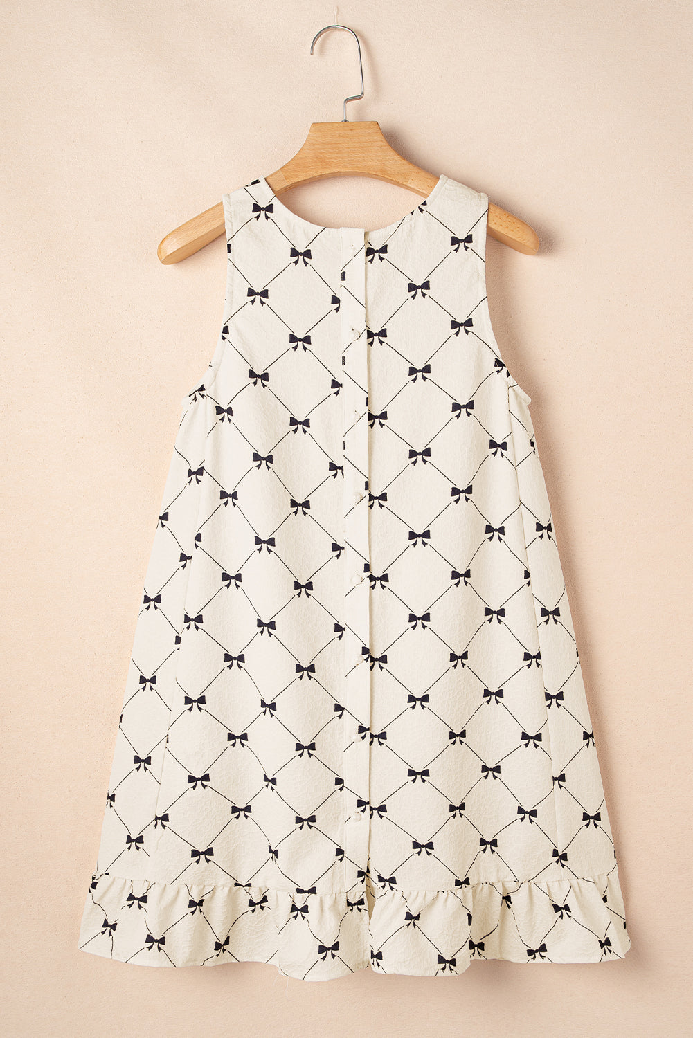 White Bow Checker Pearled Buttons Back Ruffled Sleeveless Mini Dress