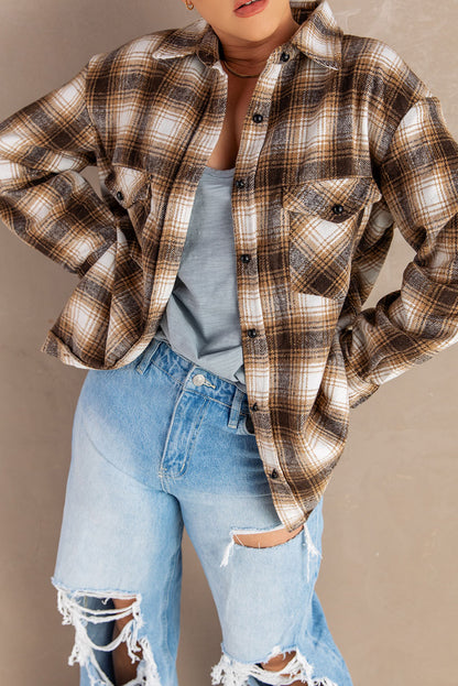 Button Up Collared Flannel Shirt Shacket with Flap Pockets