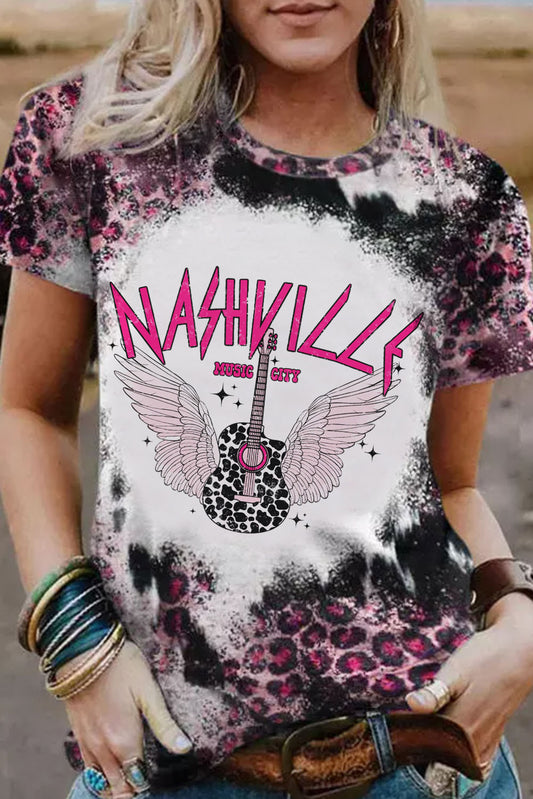 Camiseta rosa con estampado de leopardo blanqueado NASHVILLE MUSIC CITY