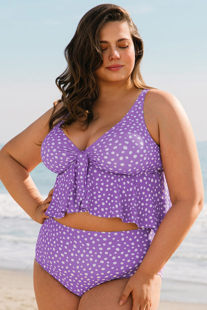 Purple Plus Size Polka Dot Print Ruffled Knotted V Neck Tankini Set