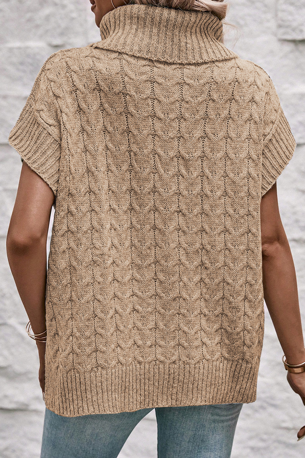 Light Beige Turtleneck Short Batwing Sleeve Cable Knit Sweater