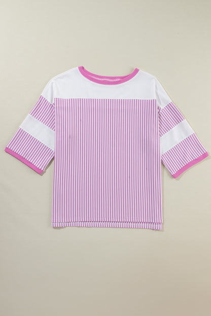 Pink Stripe Patchwork Bracelet Sleeve Plus Size T Shirt