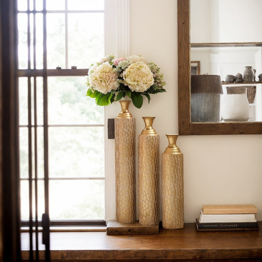 Set of 3 Antique Gold Metal Decorative Floor Vases