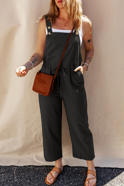 Black Drawstring Buttoned Straps Cropped Overalls